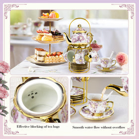 Hebaogugu six teacups and saucers in purple and gold for refined tea moments.