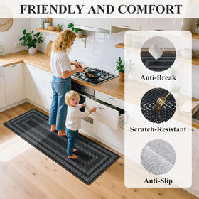 HEBE RUGS absorbent surface close-up shows spill-resistant, easy-clean kitchen rug.