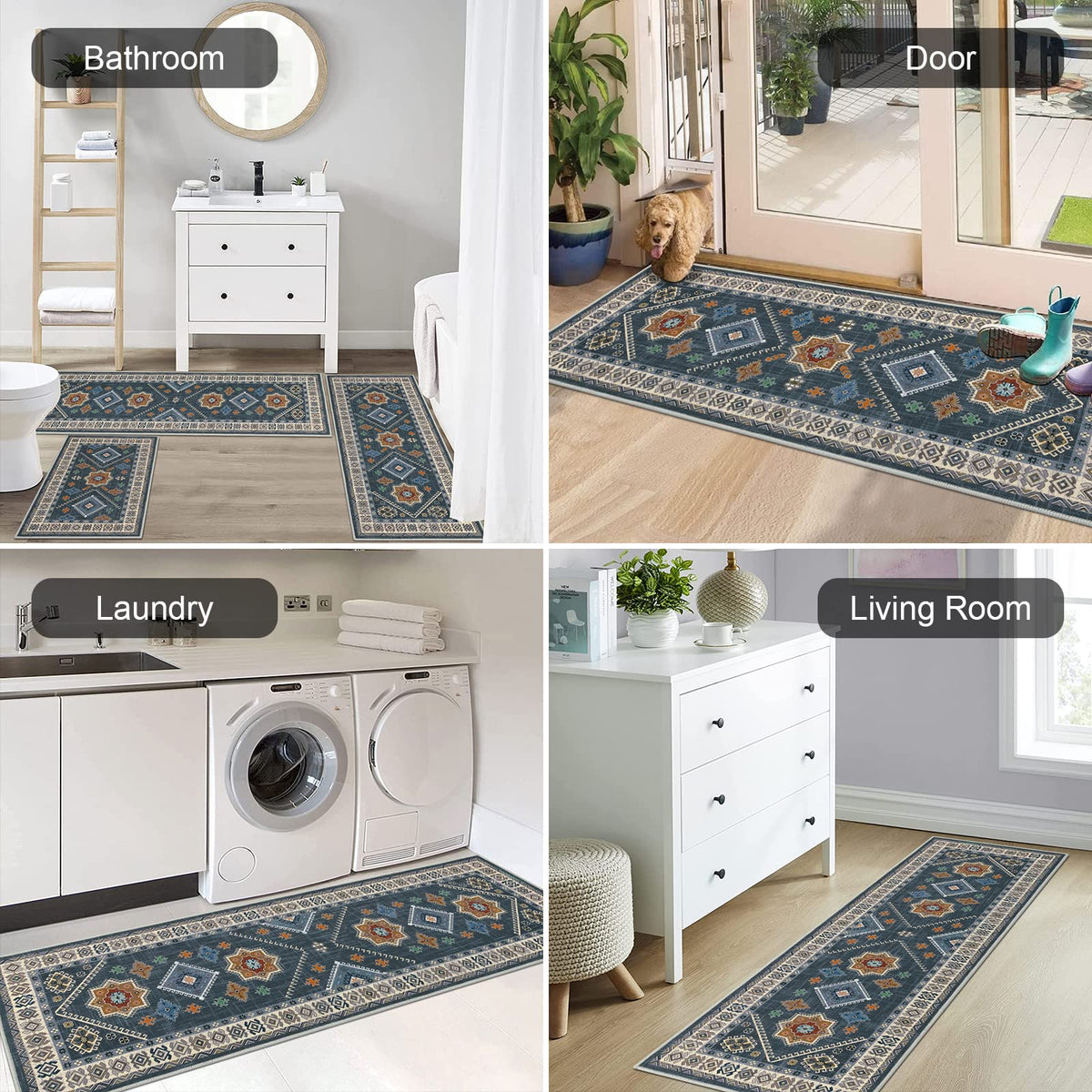 HEBE RUGS hallway rug on tile floor demonstrates suitability for high-traffic laundry and entryway use.
