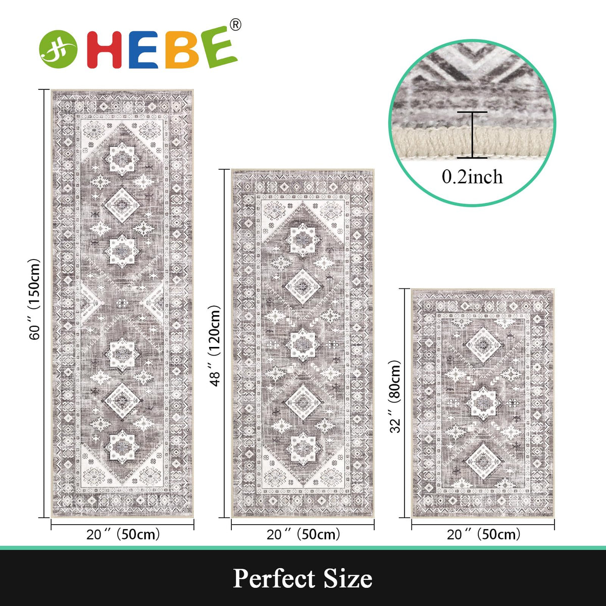 HEBE RUGS boho kitchen runner close-up highlights non-slip backing for safer daily use