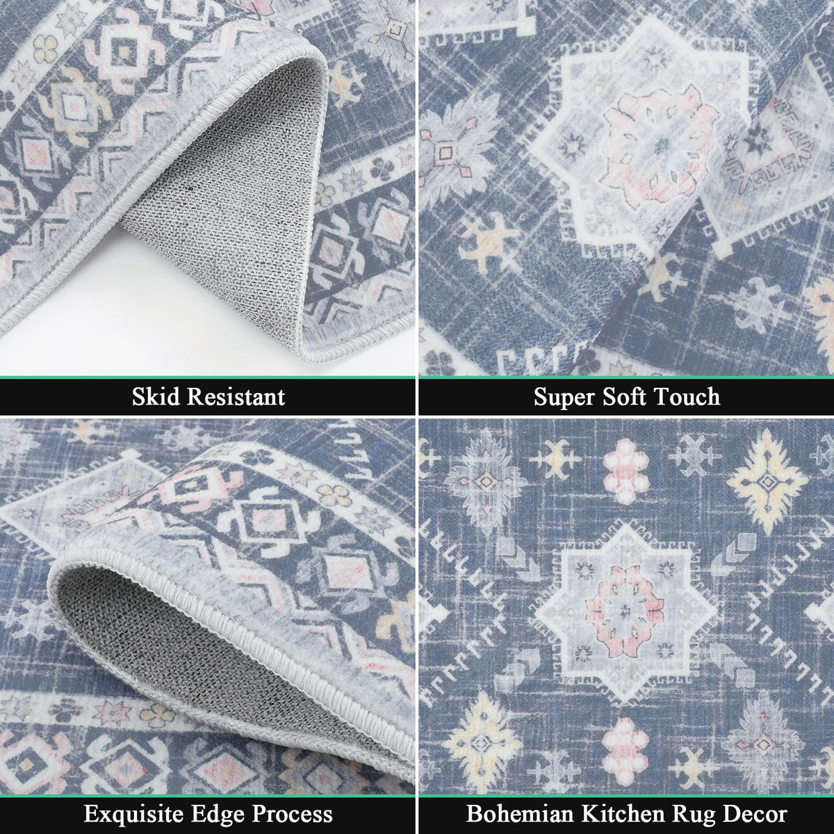 HEBE RUGS boho kitchen rug set 20x59, classic distressed pattern enhances hallway decor.