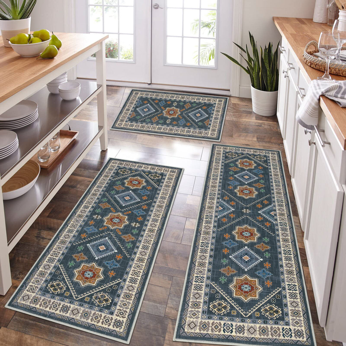 HEBE RUGS boho kitchen rug set front view highlights vintage charm and versatile sizing.