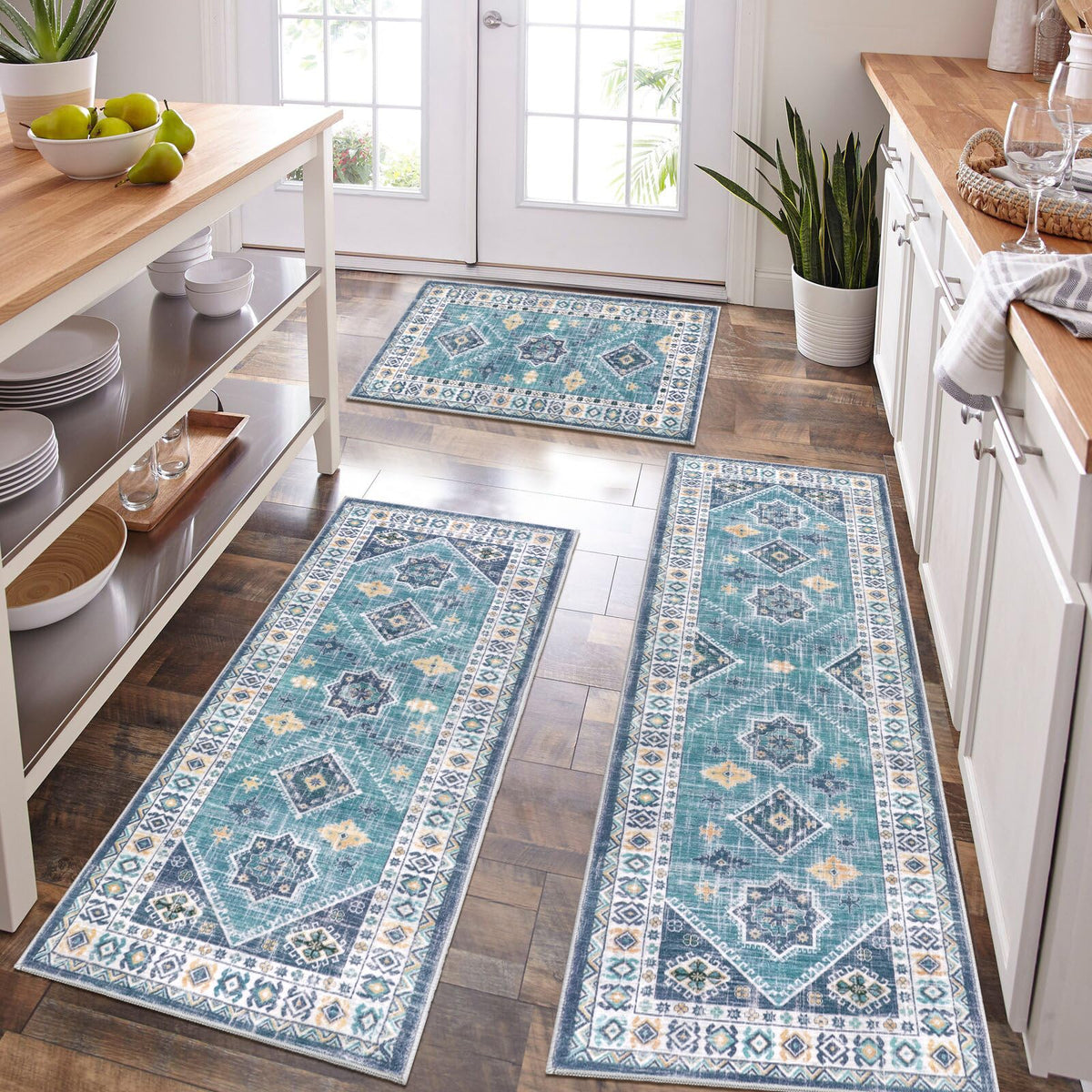 HEBE RUGS boho kitchen rug set, three pieces for versatile arrangement