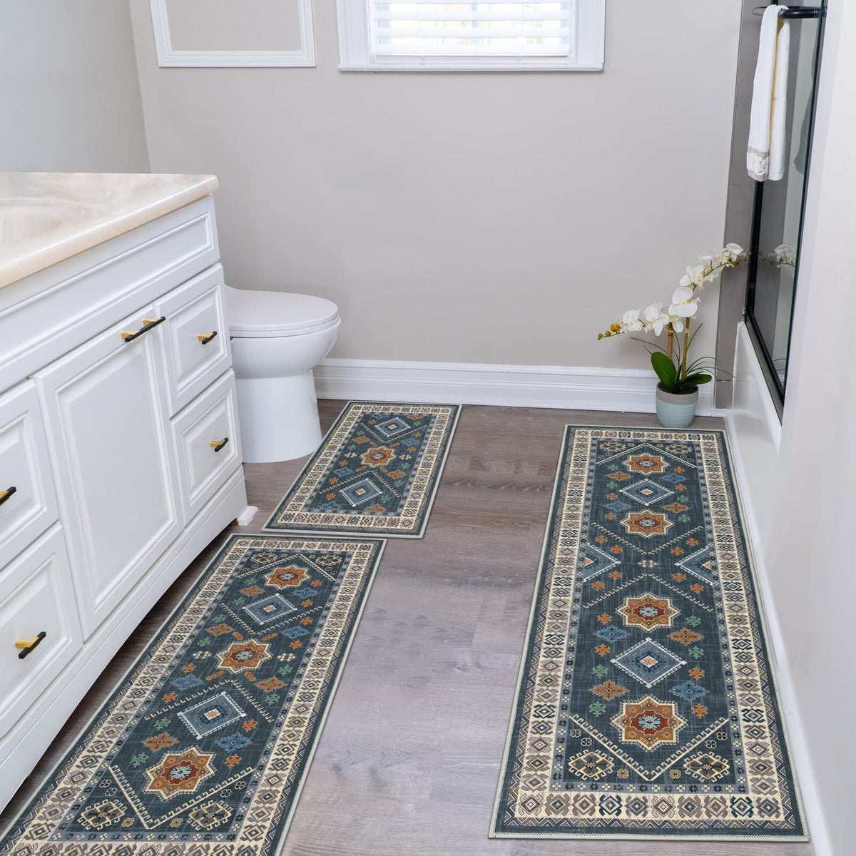 HEBE RUGS 3-piece set packaging and care tips shown, easy to store and maintain.