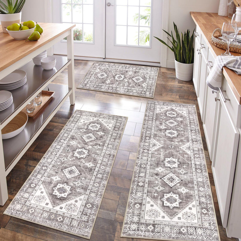 HEBE RUGS boho kitchen rug sets arranged in a flexible three-piece layout for versatile decor