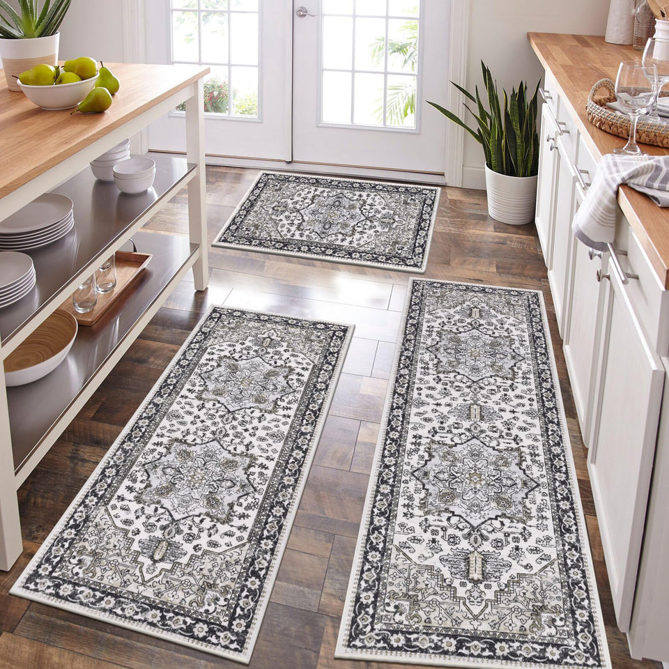 HEBE RUGS boho kitchen rug set with runner; non-slip for safer kitchen floors.