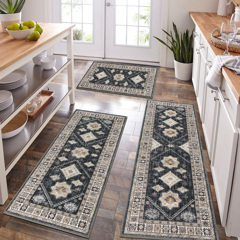 HEBE RUGS boho kitchen rug set 3-piece with runner on hardwood floor adds cohesive style