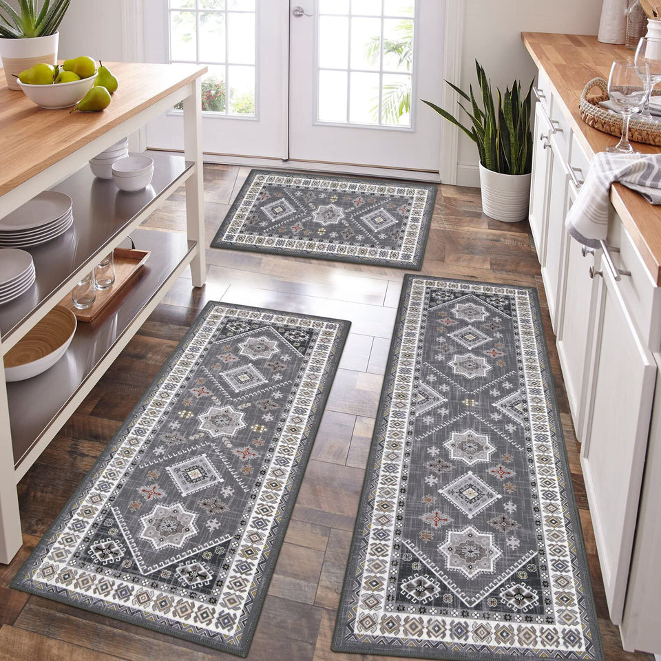 HEBE RUGS boho kitchen rug set, three-piece design enhances cozy kitchen styling.