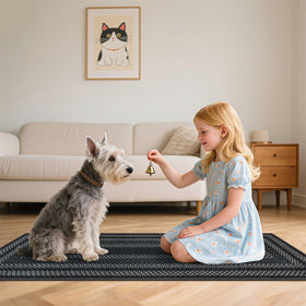 HEBE RUGS care guide image shows machine wash and air dry steps.