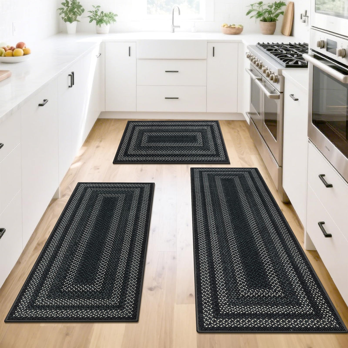 HEBE RUGS front-of-sink placement creates a welcoming, practical kitchen entryway rug.