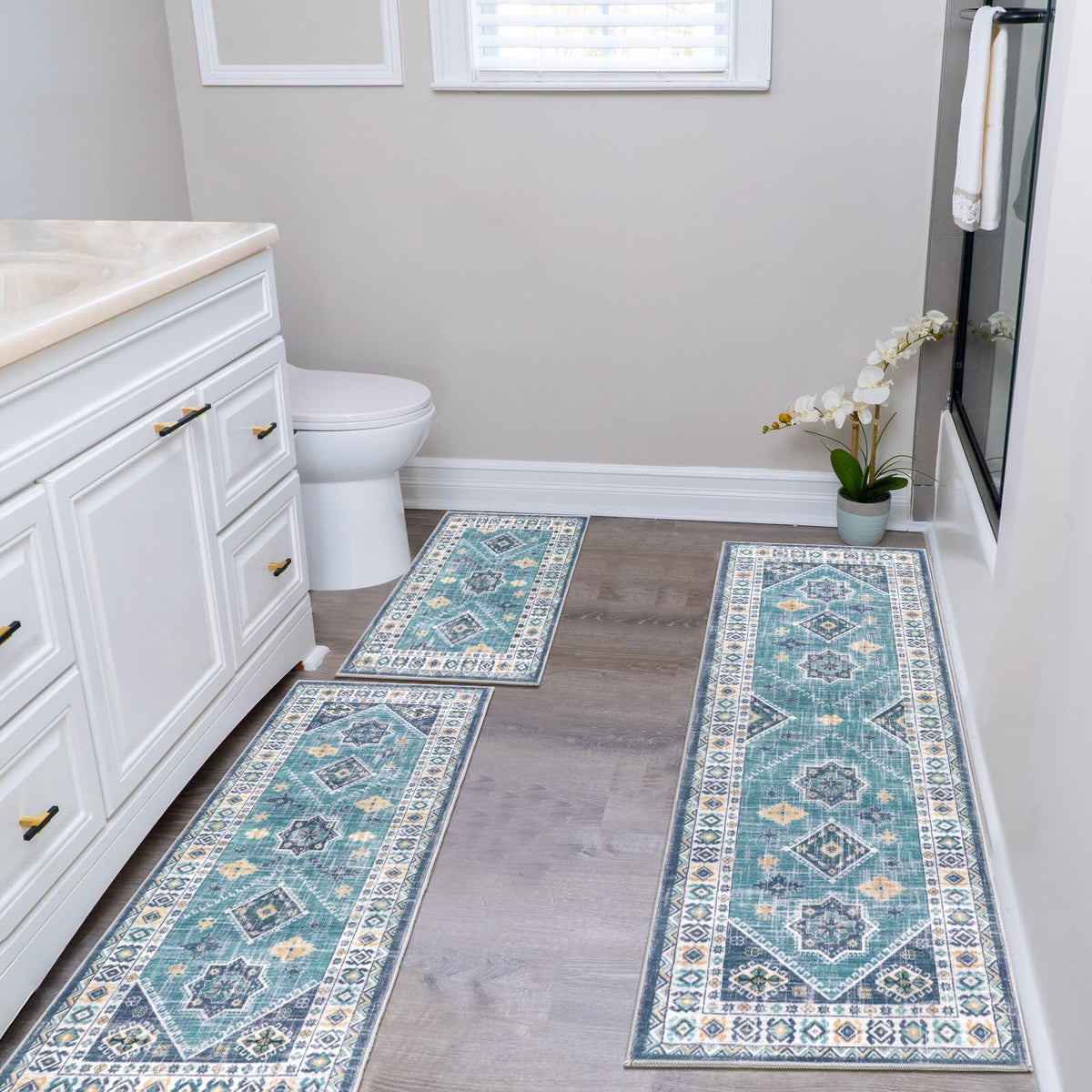 HEBE RUGS kitchen rug set shown in laundry or hallway setup