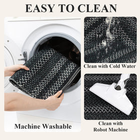 HEBE RUGS machine-washable mats illustrate simple cleaning and maintenance.