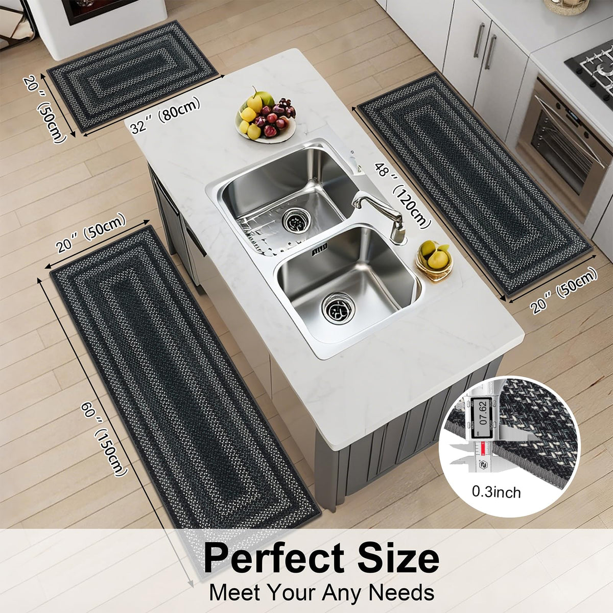 HEBE RUGS non-slip backing close-up emphasizes grip for stable standing while cooking.