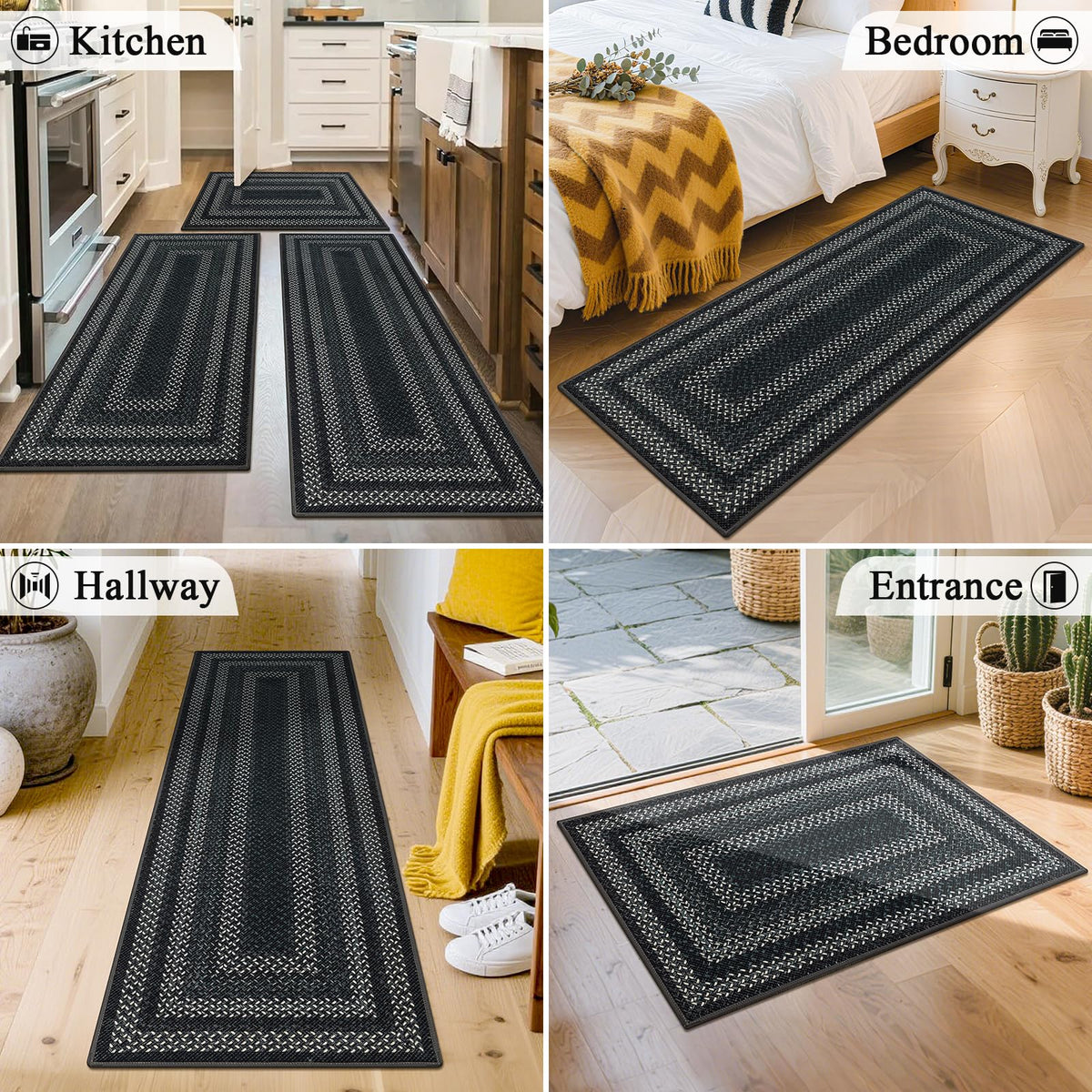 HEBE RUGS runner sizes laid out: 20x32, 20x47, 20x59 for versatile layouts.
