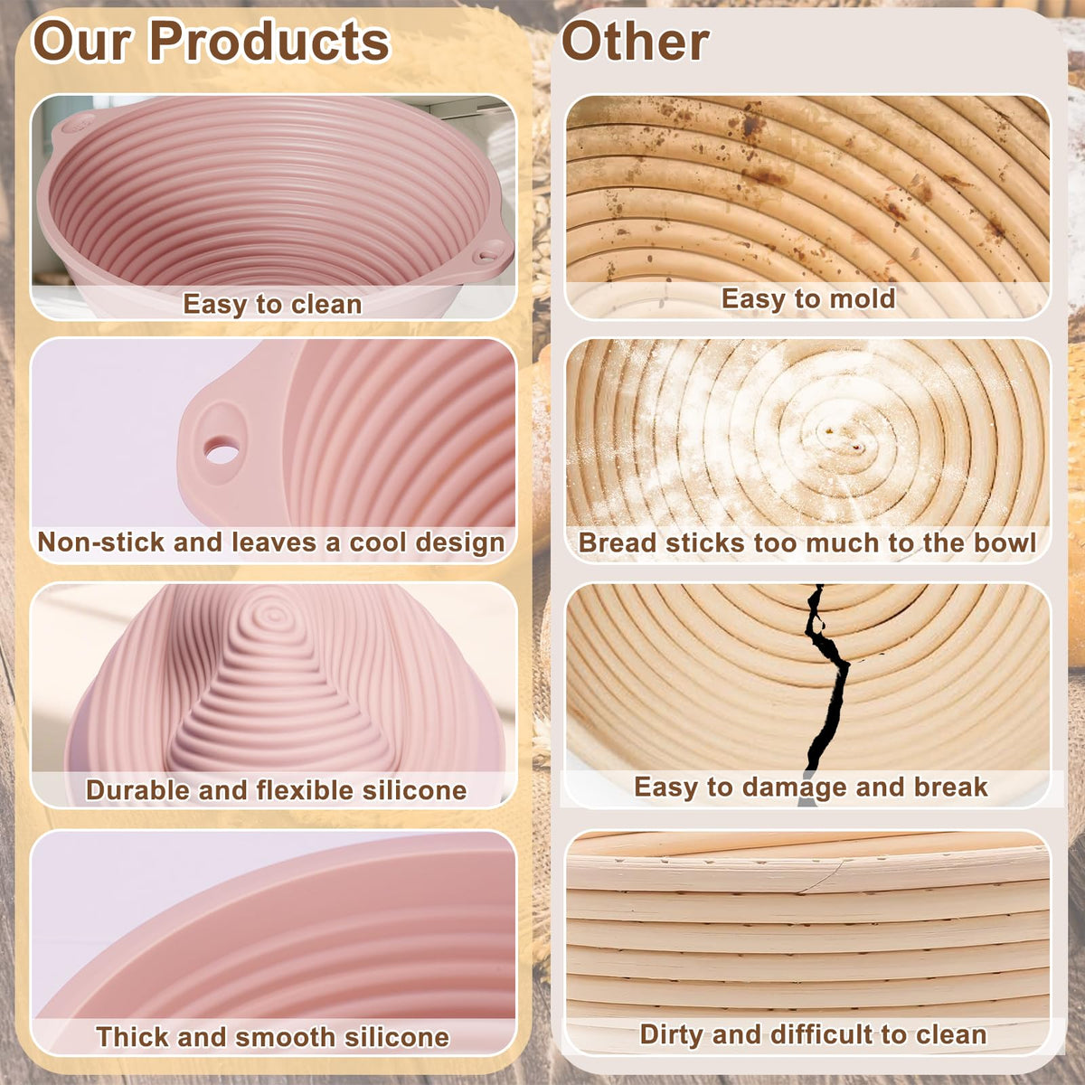 HEBEICRMY Moisture-retaining silicone basket supports larger loaves during proofing.