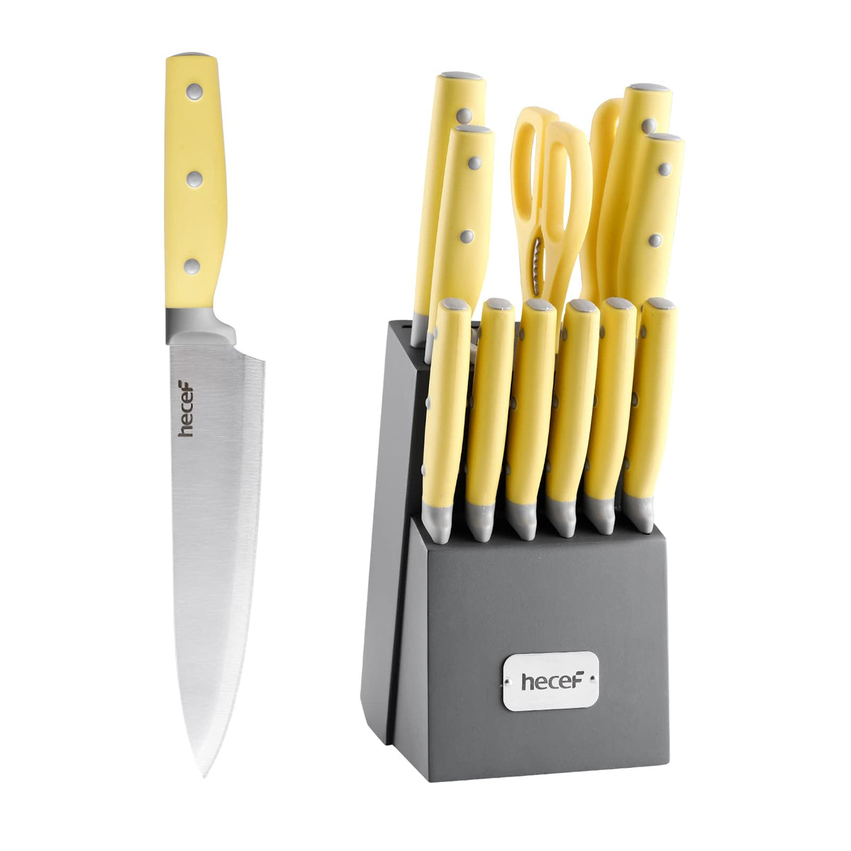 Hecef 14-piece knife block set on a counter for organized meal prep