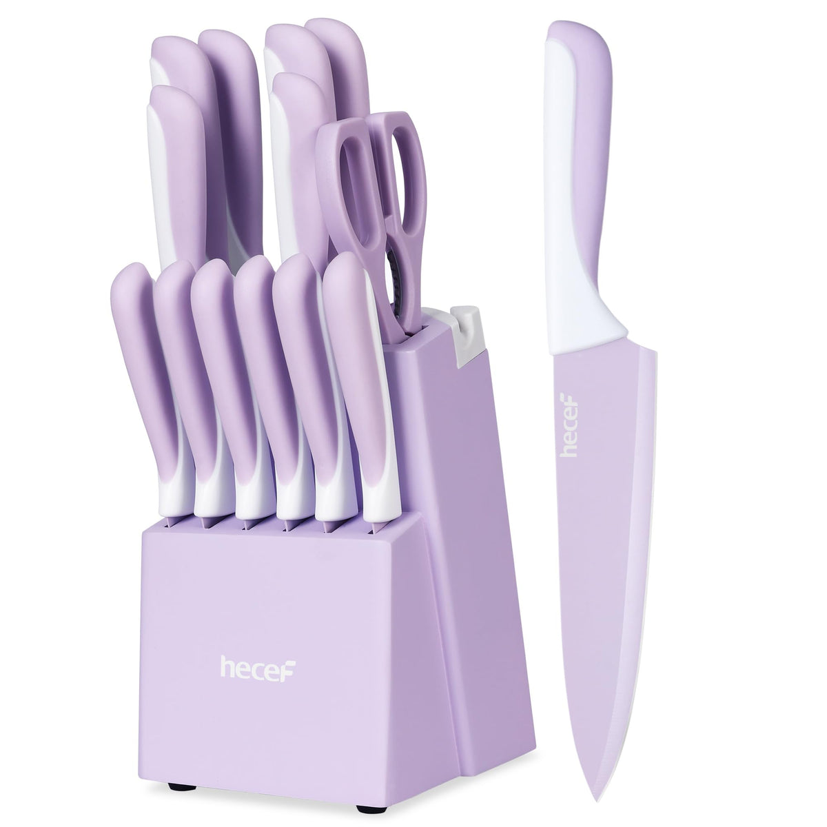 hecef knife set displayed in wooden block for organized kitchen prep