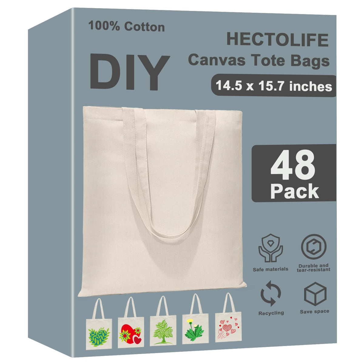 HECTOLIFE 48-pack canvas tote bags front view, durable and reusable for daily shopping