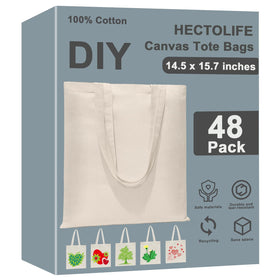 HECTOLIFE 48-pack canvas tote bags front view, durable and reusable for daily shopping