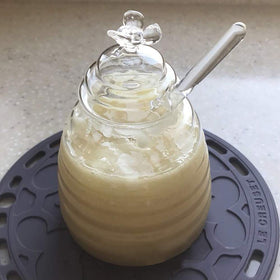 Hedume 17oz glass honey pot ready for everyday kitchen use.