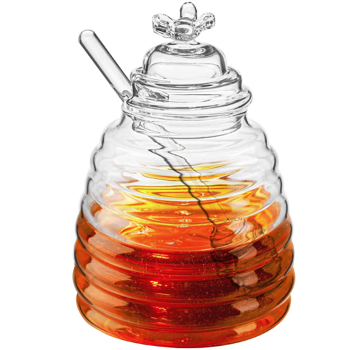 Hedume honey jar with dipper and lid for mess-free serving in the kitchen.