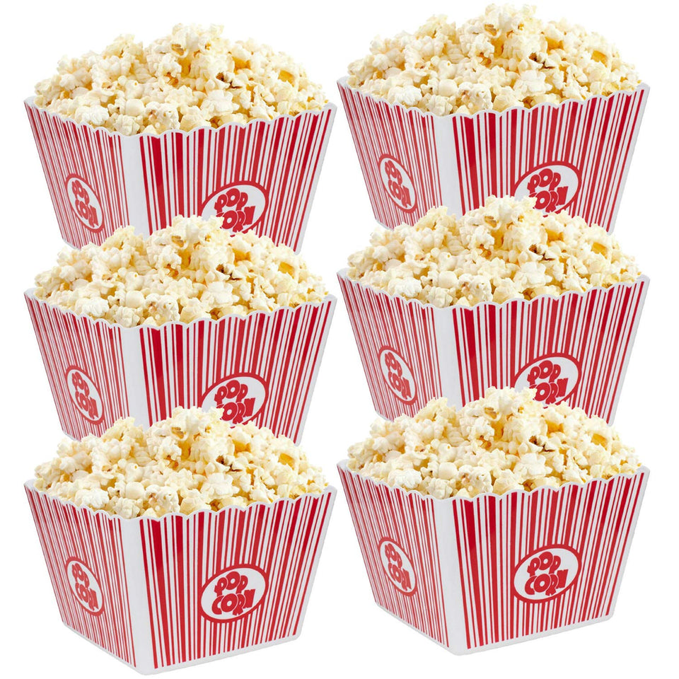 Hedume popcorn buckets with red and white stripes, durable reusable design for home theaters.