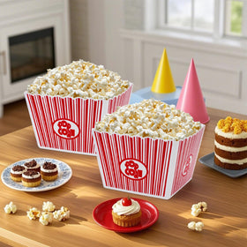 Hedume retro-style buckets create nostalgic snack setup for parties and family gatherings.