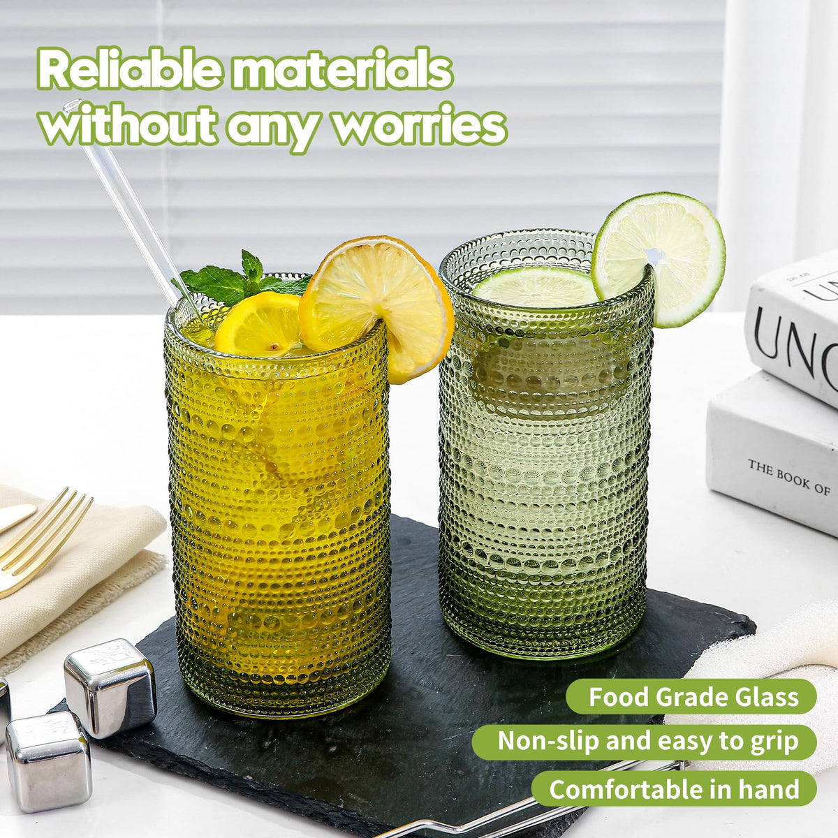 HEFBCOMK glass straw set included for cocktails, juice, or iced beverages