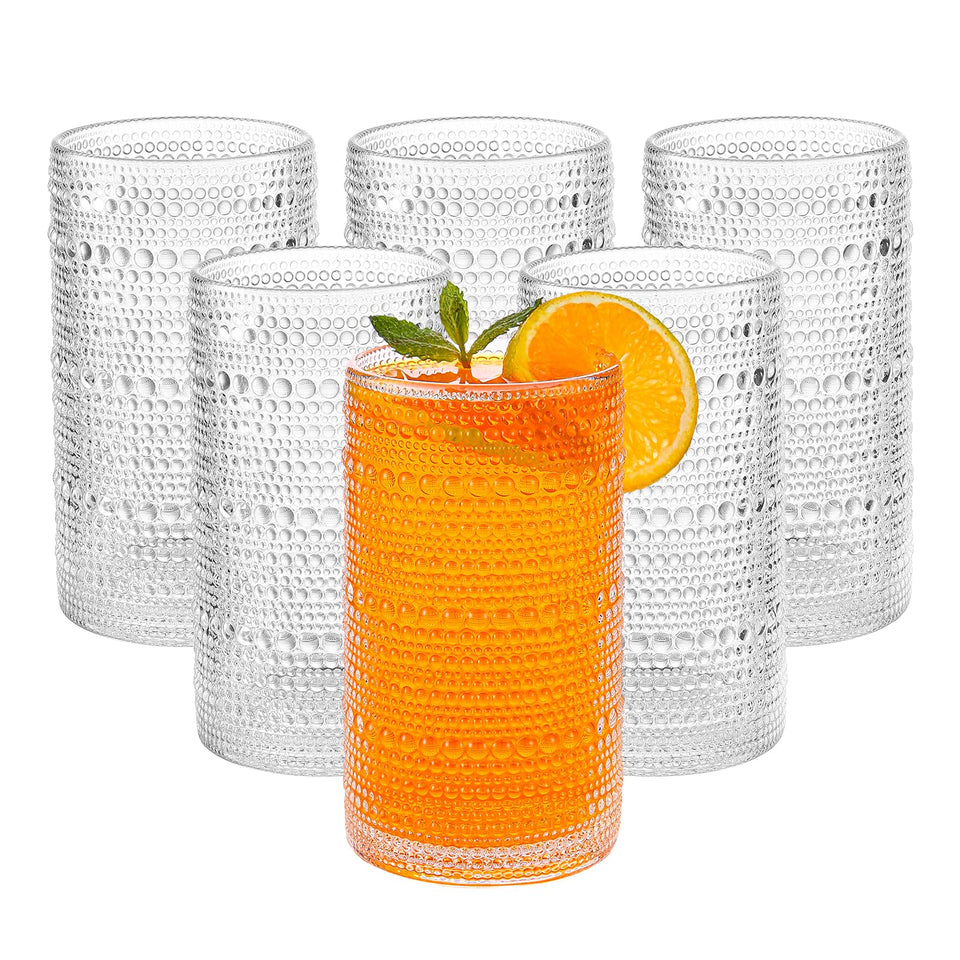 HEFBCOMK hobnail 16oz glass with beaded grip for secure handling.