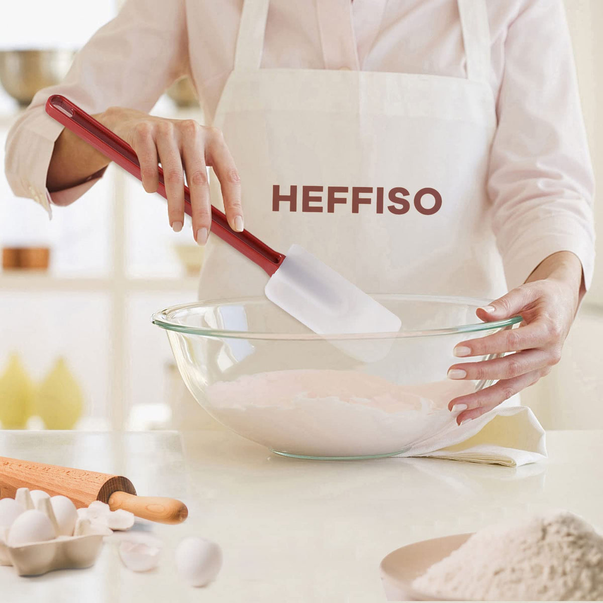 Heffiso spatulas with soft-edged silicone heads glide smoothly and protect nonstick cookware.