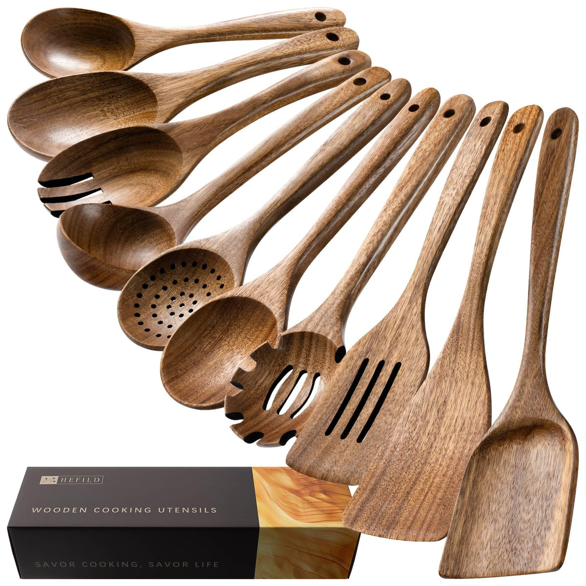 Hefild 10-piece wooden utensils set for versatile cooking tasks