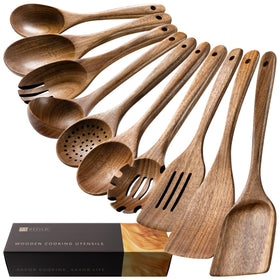 Hefild 10-piece wooden utensils set for versatile cooking tasks