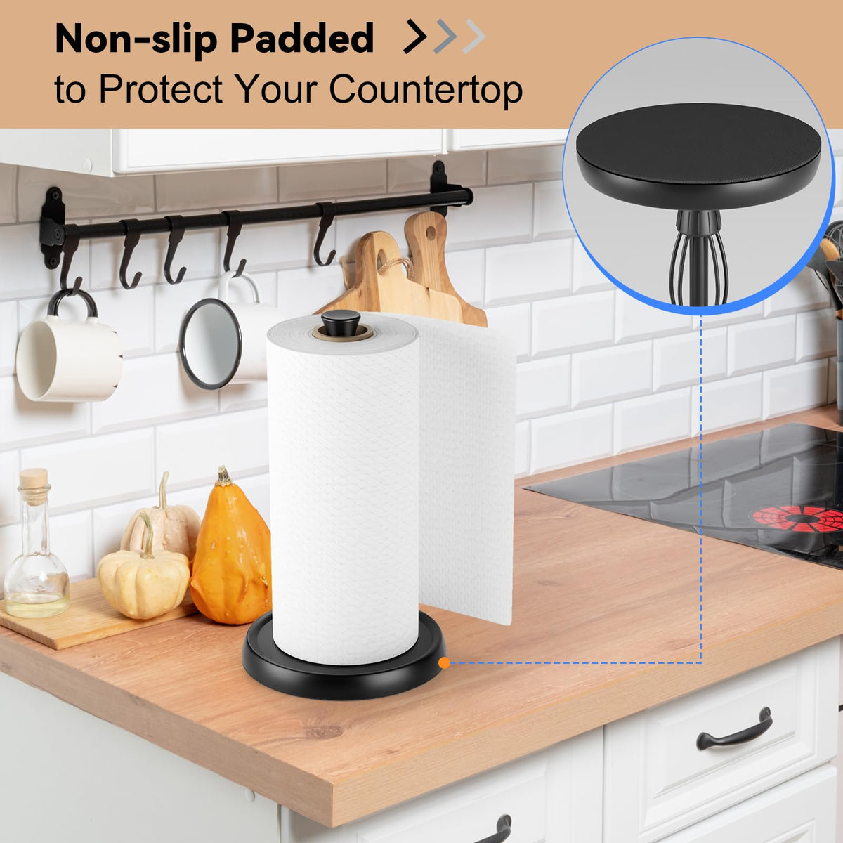 Hegivoc paper towel holder with non-slip pad protecting surfaces.