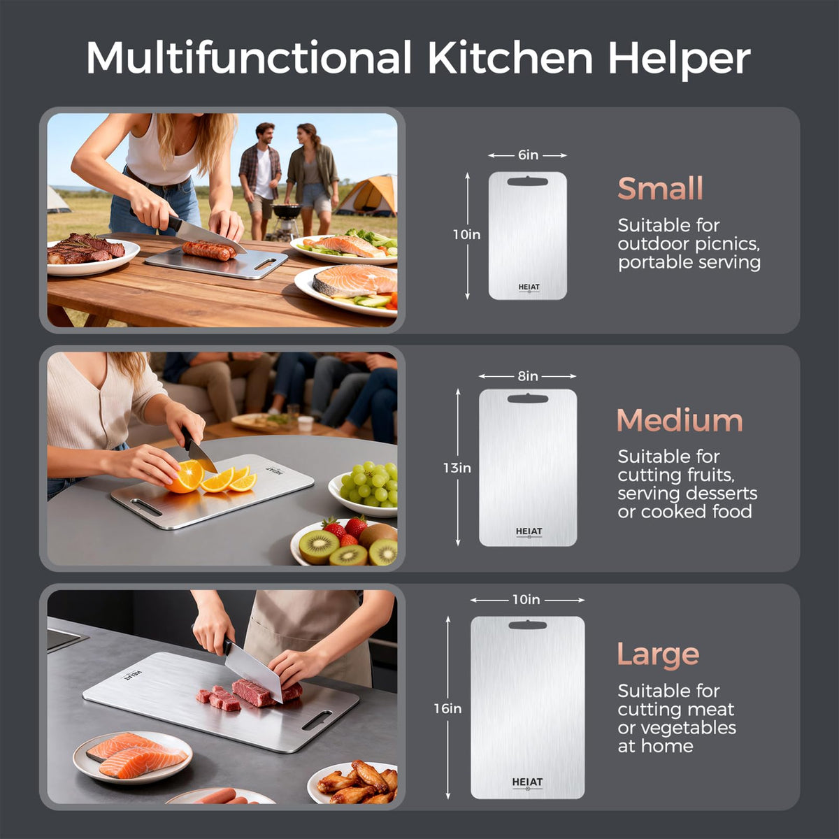 HEIAT titanium cutting board 10x6 ideal for quick tasks and serving baked goods