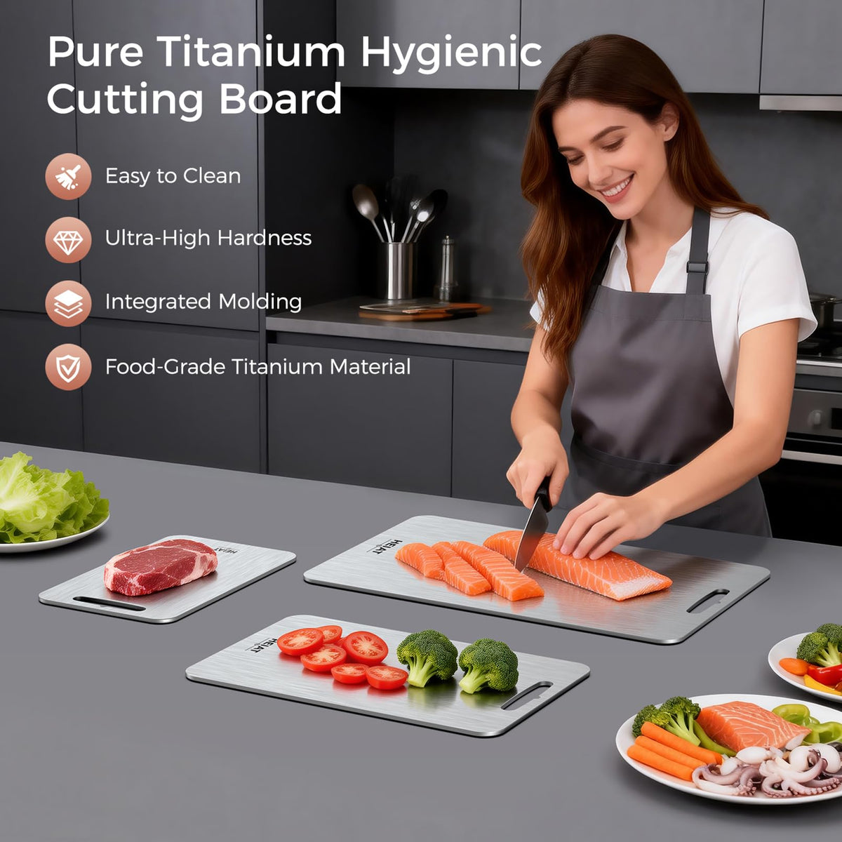 HEIAT titanium cutting board 13x8 highlights compact workspace and organized prep
