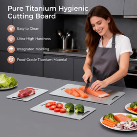 HEIAT titanium cutting board 13x8 highlights compact workspace and organized prep