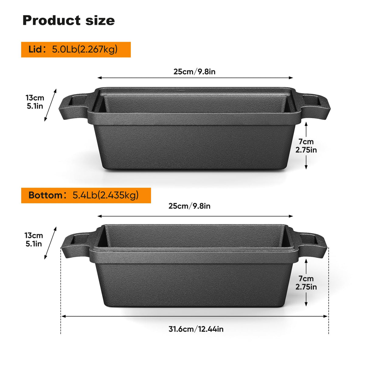 Heimekite cast iron loaf pan with lid open demonstrates dual-use for baking