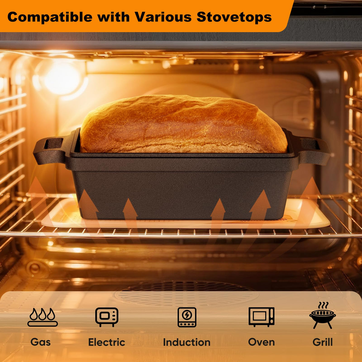 Heimekite loaf pan in oven shows versatile baking for bread and meatloaf