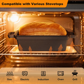 Heimekite loaf pan in oven shows versatile baking for bread and meatloaf