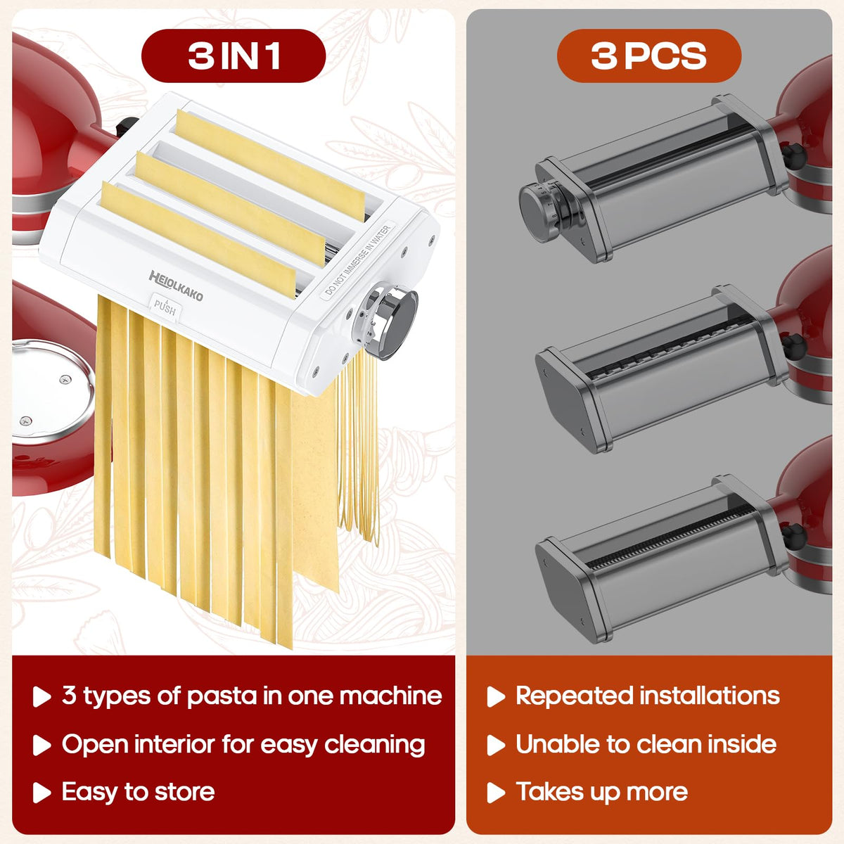 Heiolkako fettuccine cutter yields delicate ribbons for restaurant quality noodles.