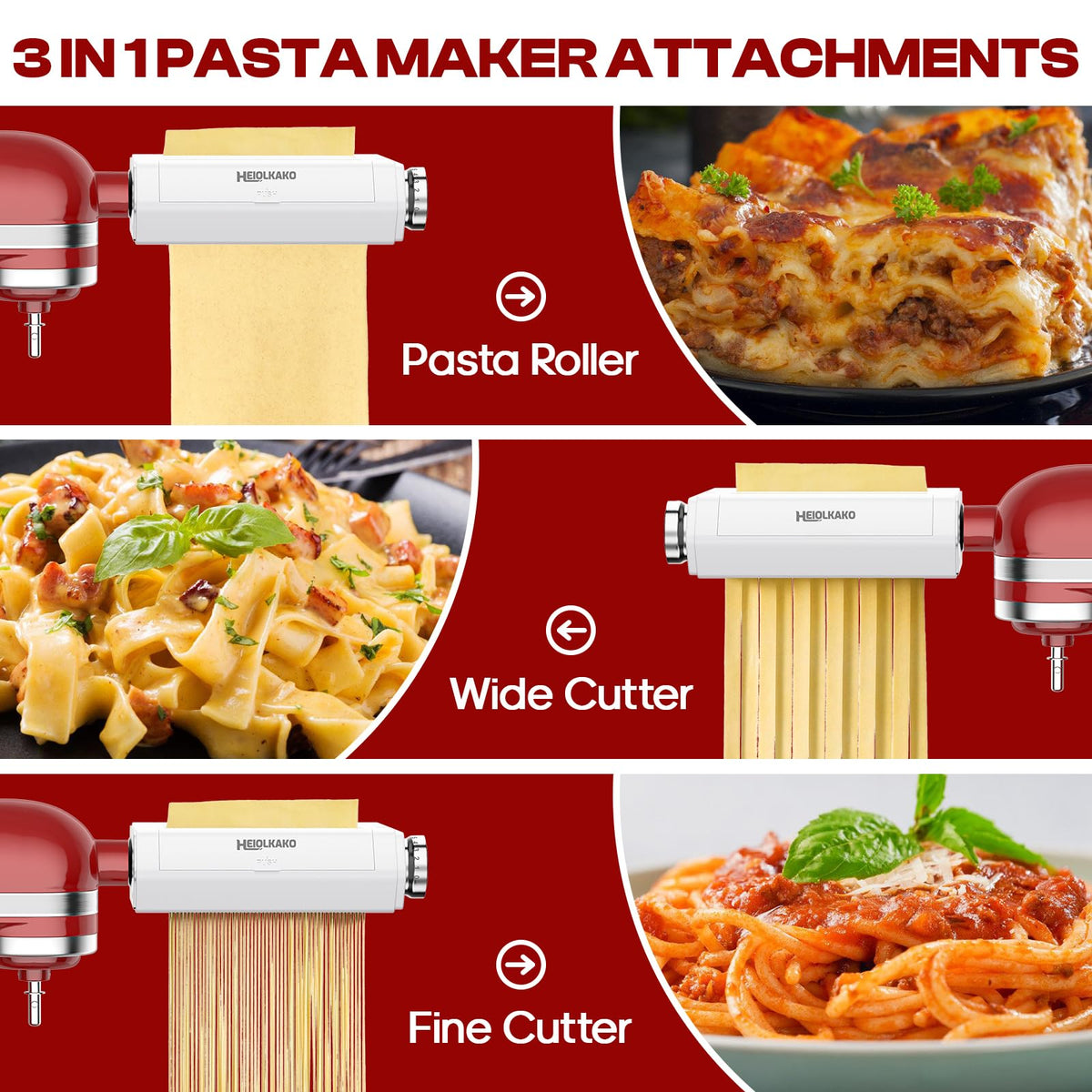 Heiolkako spaghetti cutter attachment delivers even strands for classic dinners.