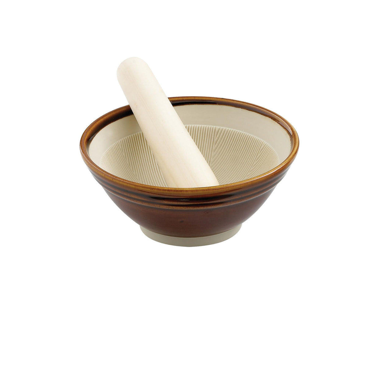 Helen’s Asian Kitchen Suribachi Set ceramic mortar with ridged interior for efficient grinding.