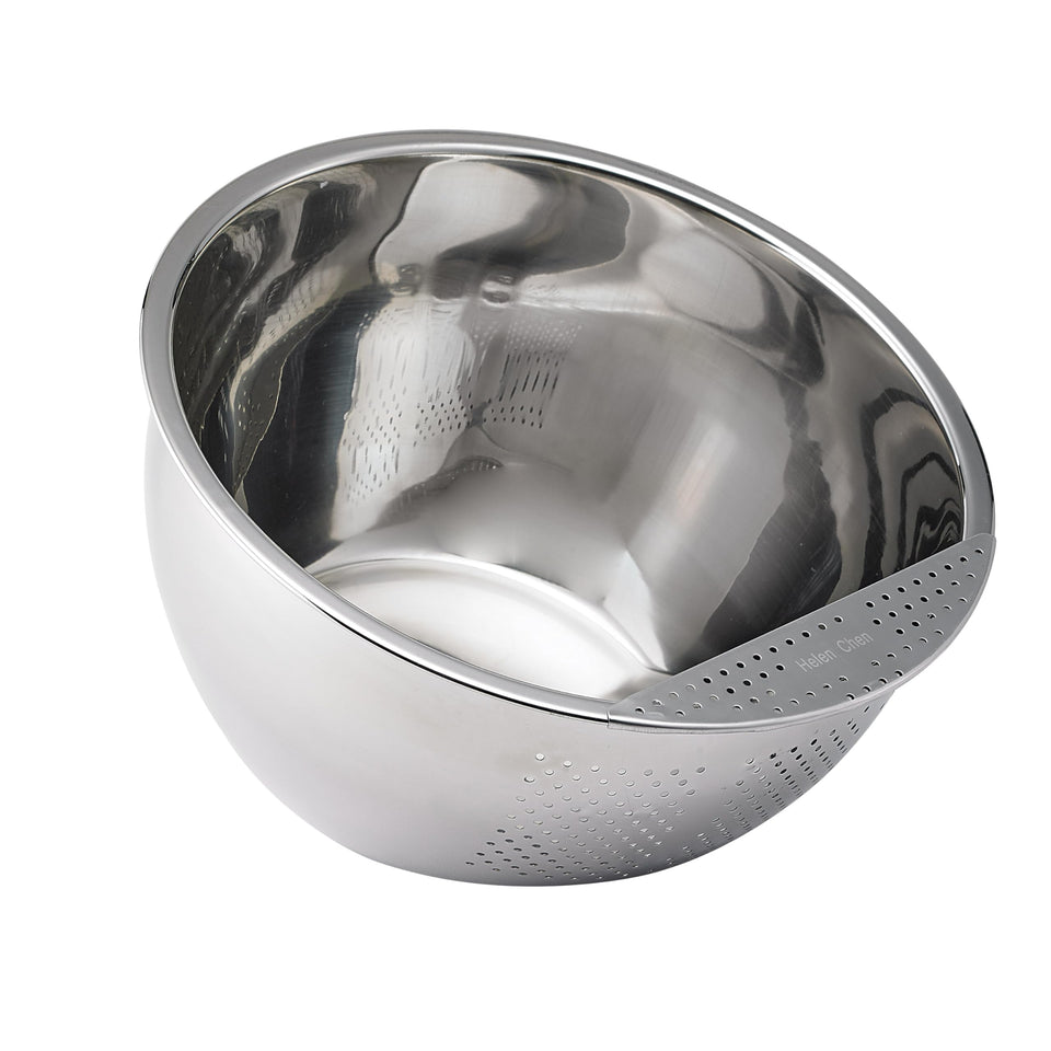 Helen's Asian Kitchen professional rice washing bowl with side drainer for efficient grain rinsing.