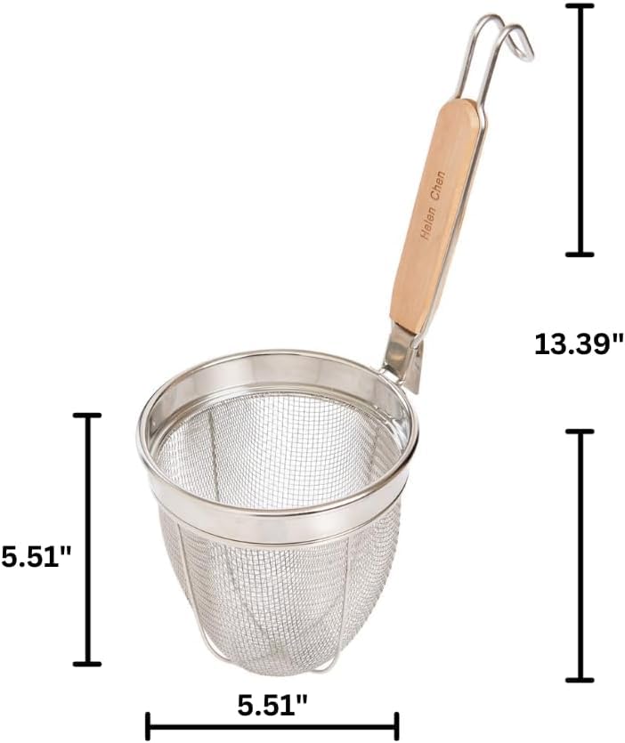 Helen's Asian Kitchen spider strainer with wooden handle for noodles and dumplings.