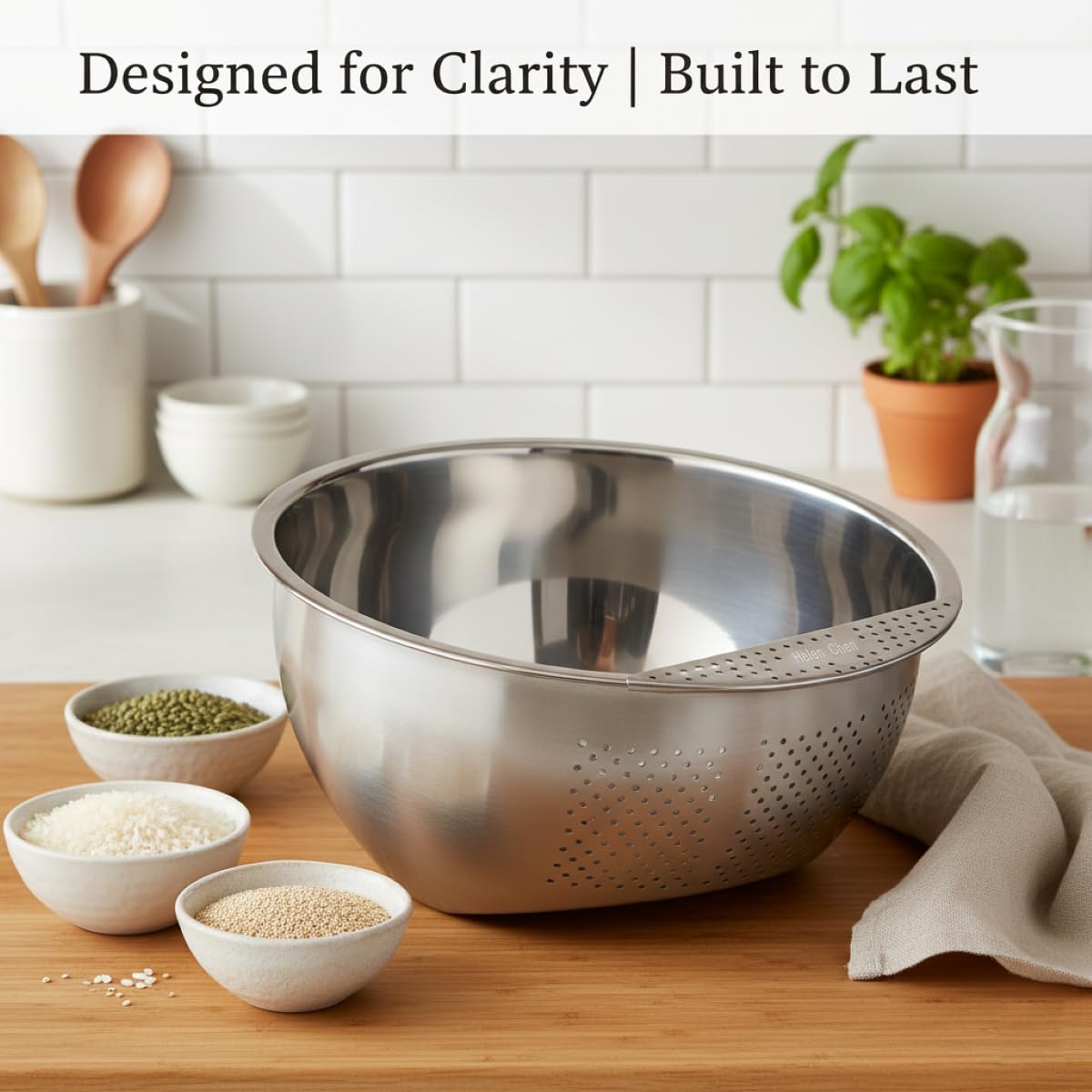 Helen's Asian Kitchen stainless steel rinser highlighting durable, rust-resistant construction.
