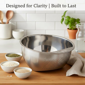 Helen's Asian Kitchen stainless steel rinser highlighting durable, rust-resistant construction.