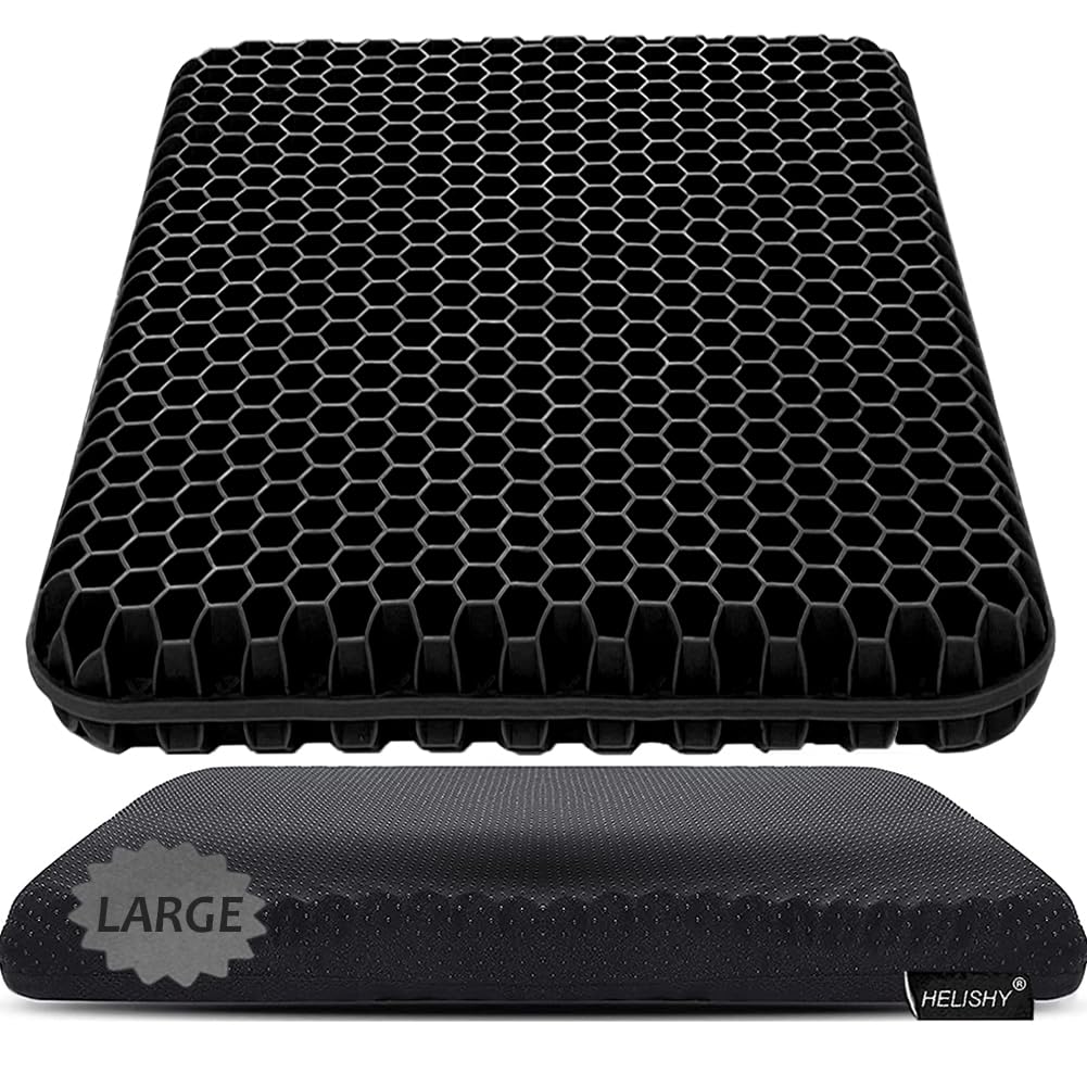 Helishy gel seat cushion large, front view showing ergonomic support for long seating