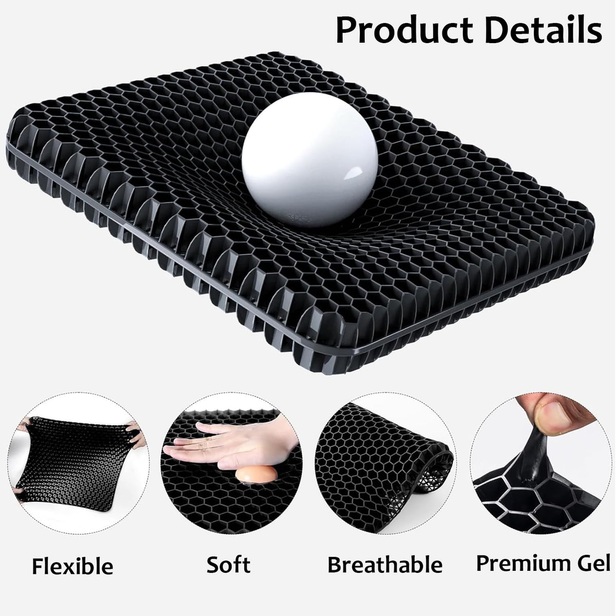 Helishy gel seat cushion large, side view highlighting thick, supportive profile