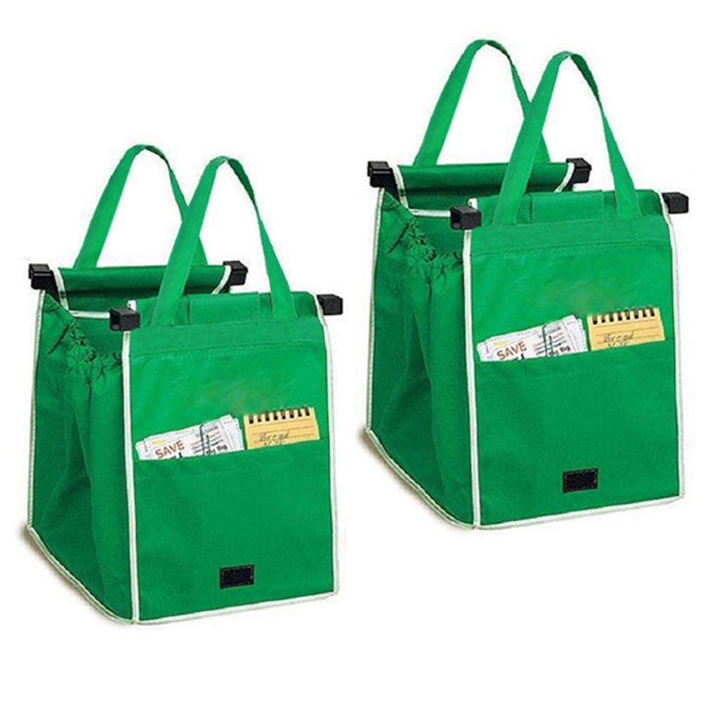 Helishy two-pack reusable trolley bags clipped to cart for organized shopping.