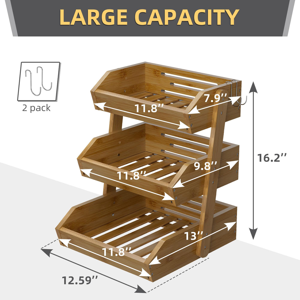 Hellojin 3-Tier Walnut Fruit Basket banana hooks keep bananas separate